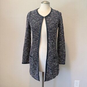 Bruno Manetti Navy Multi Boucle Knit Leather Trim Open Front Cardigan Italy 40